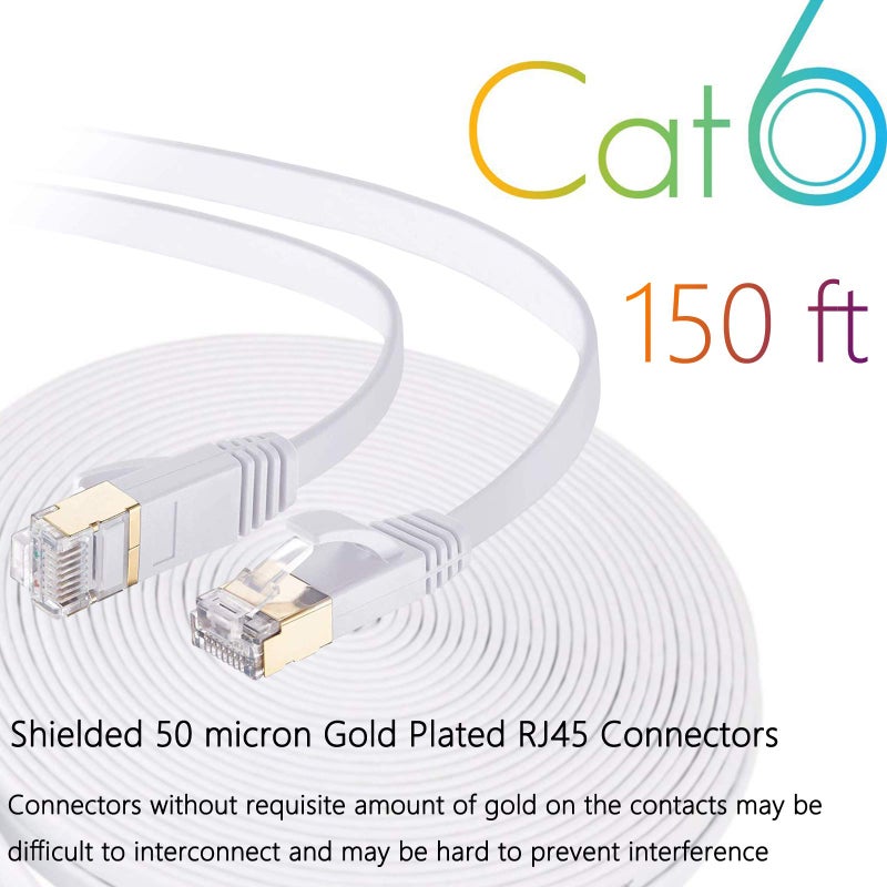 Comtelek Cat 6 Ethernet Cable 150 FT Flat Internet Network Cables with Cable Clips Cat6 Ethernet Patch Cable with Snagless Rj45 Connectors White Long Computer LAN Cableï¼ˆ150FTï¼‰â€¦ - Image 2